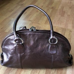 HOBO International Patent Metallic Lined Shoulder Satchel Leather Bag Brown